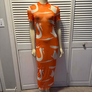 Women's SHEIN Orange & White Abstract Print Mesh Maxi Dress